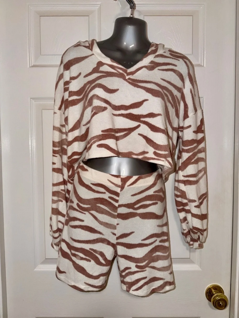 Blue Blush Cream and Brown Zebra-Print Fuzzy Cozy Hooded Lounge Set